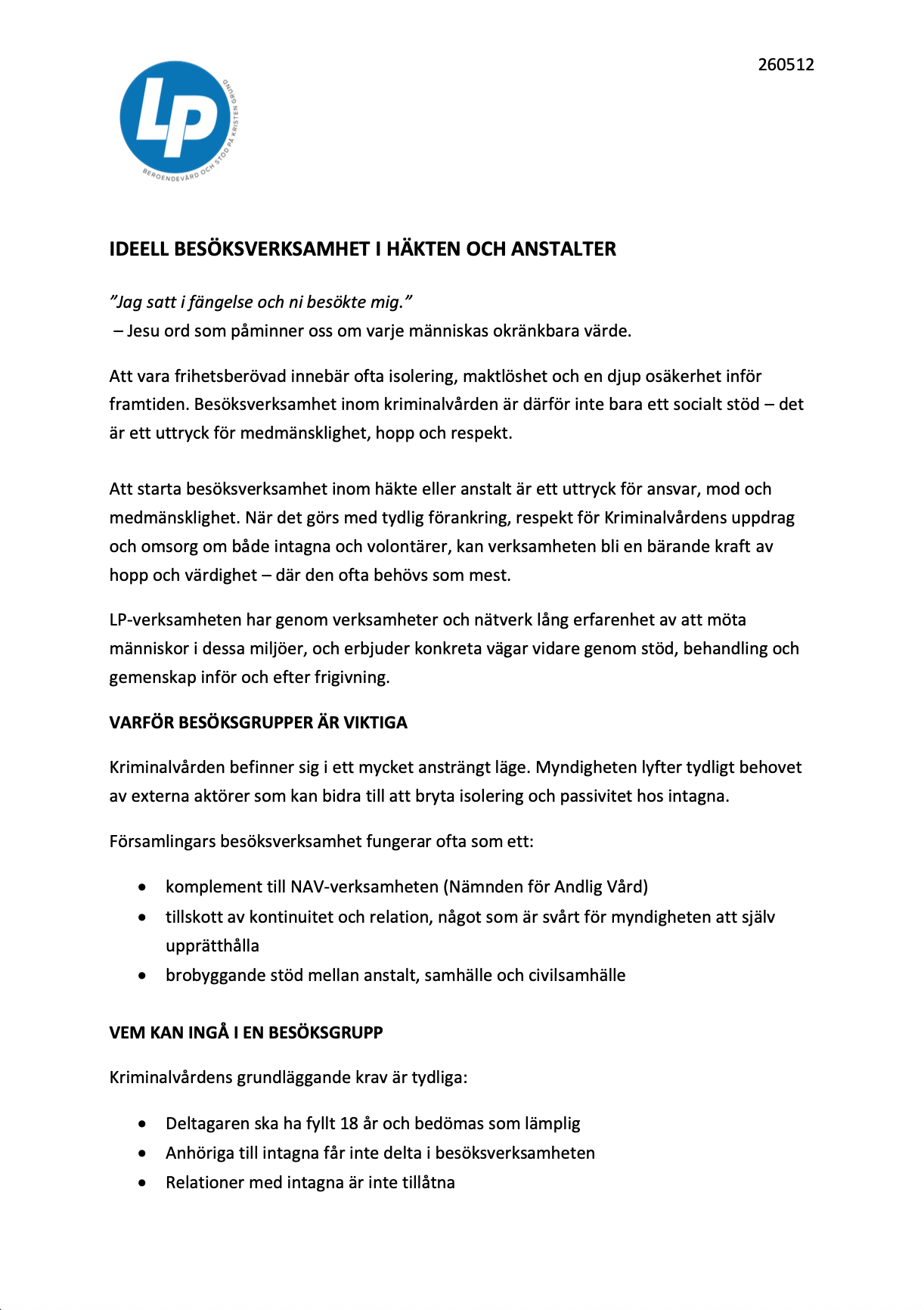 LP Center manual för Ideell besöksverksamhet i häkten och anstalter